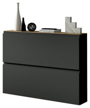 Moderner Hängeschuhschrank in dunklem Design mit Dekorationen auf der Oberseite, seitliche Perspektive