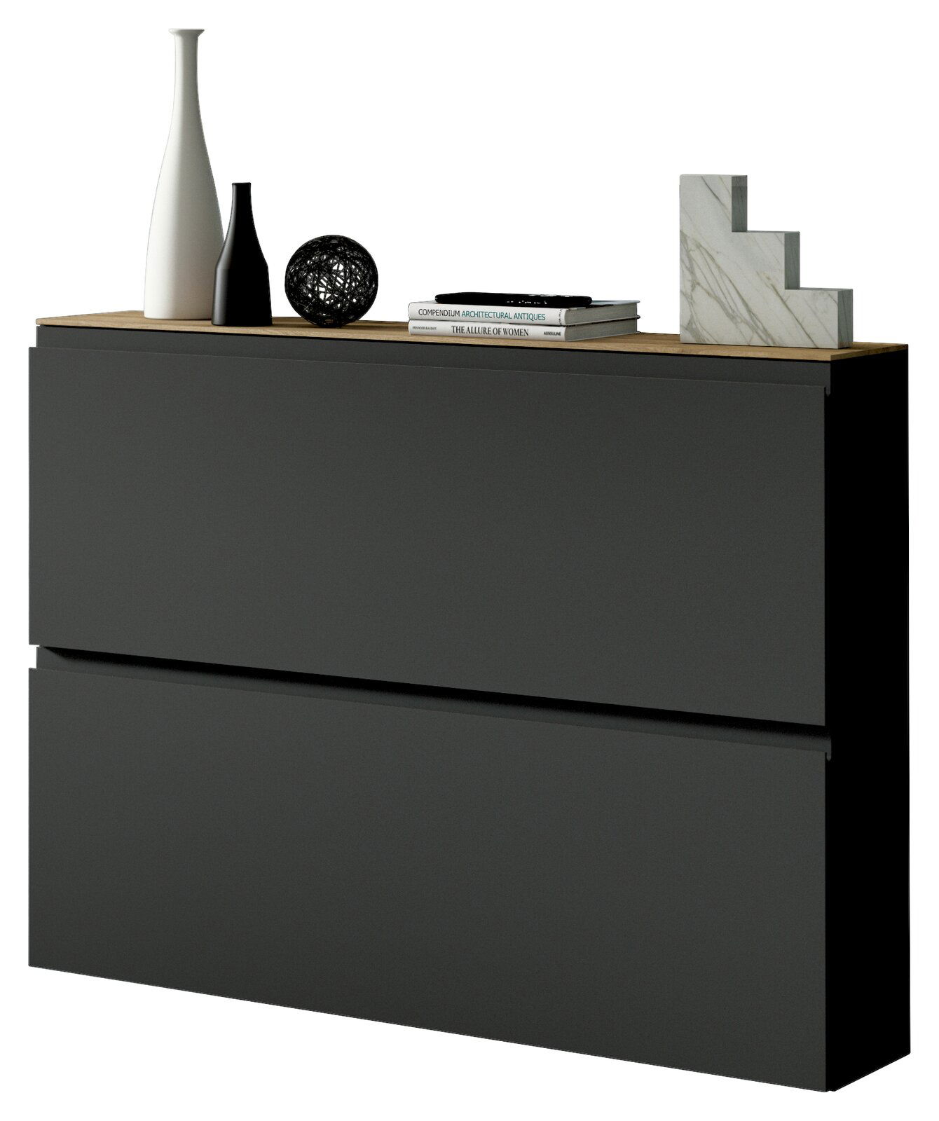 Moderner Hängeschuhschrank in dunklem Design mit Dekorationen auf der Oberseite, seitliche Perspektive