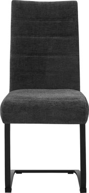 Dunkelgrauer Polsterstuhl mit hoher, horizontal abgesteppten Rückenlehne und schwarzem Metallgestell, Frontansicht.