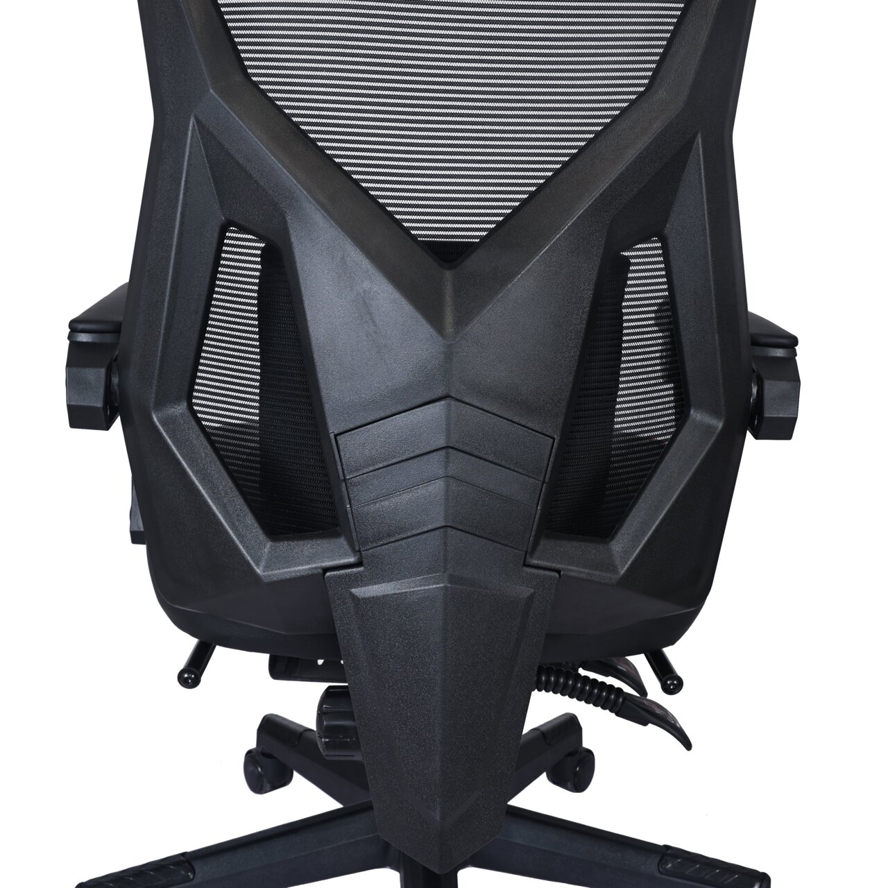 Rückansicht eines Gaming Stuhls mit futuristischem Design und Netzrückenlehne