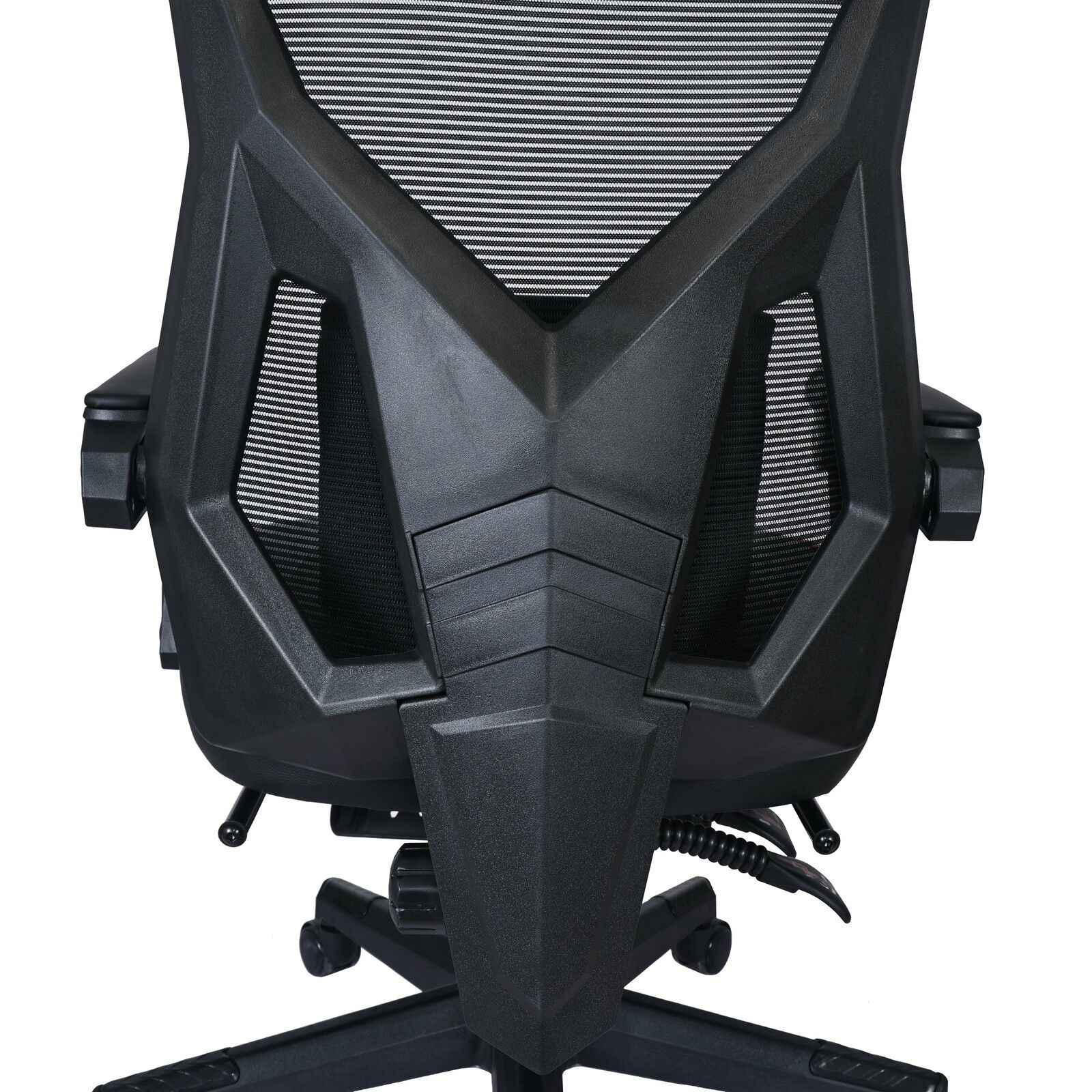 Rückansicht eines Gaming Stuhls mit futuristischem Design und Netzrückenlehne