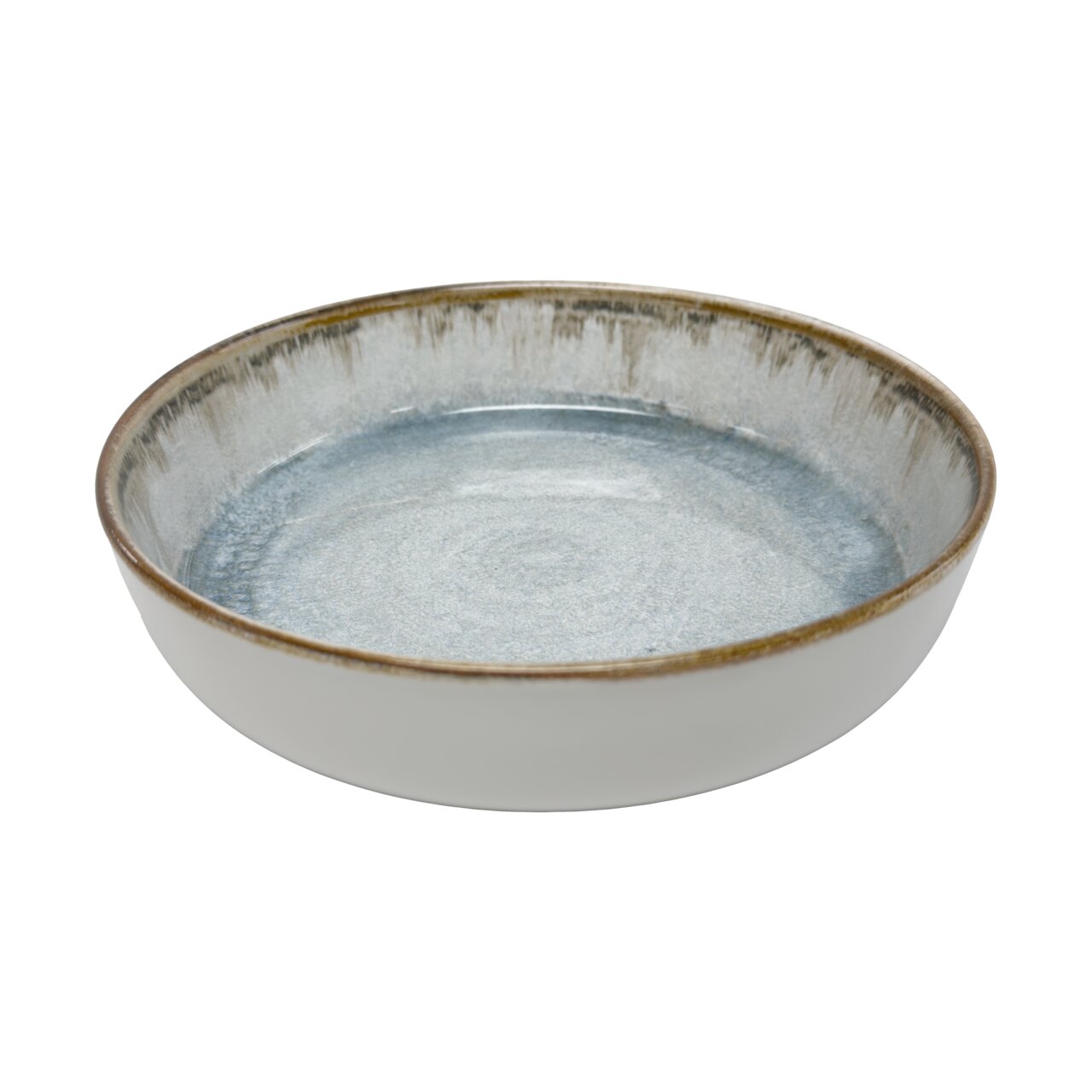 Keramikschale mit blau-grauer Glasur und braunem Rand, seitliche Perspektive