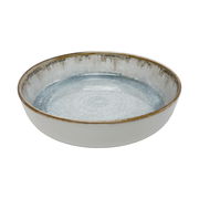 Keramikschale mit blau-grauer Glasur und braunem Rand, seitliche Perspektive