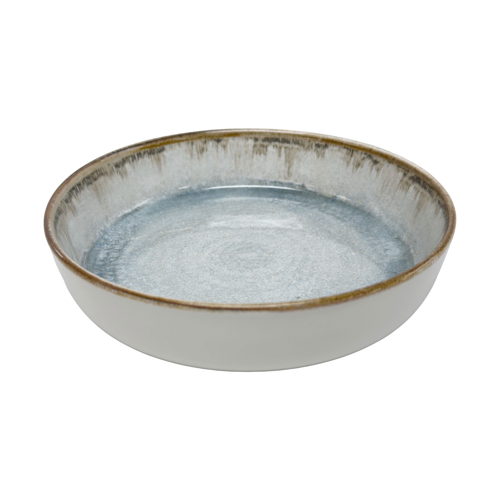 Keramikschale mit blau-grauer Glasur und braunem Rand, seitliche Perspektive