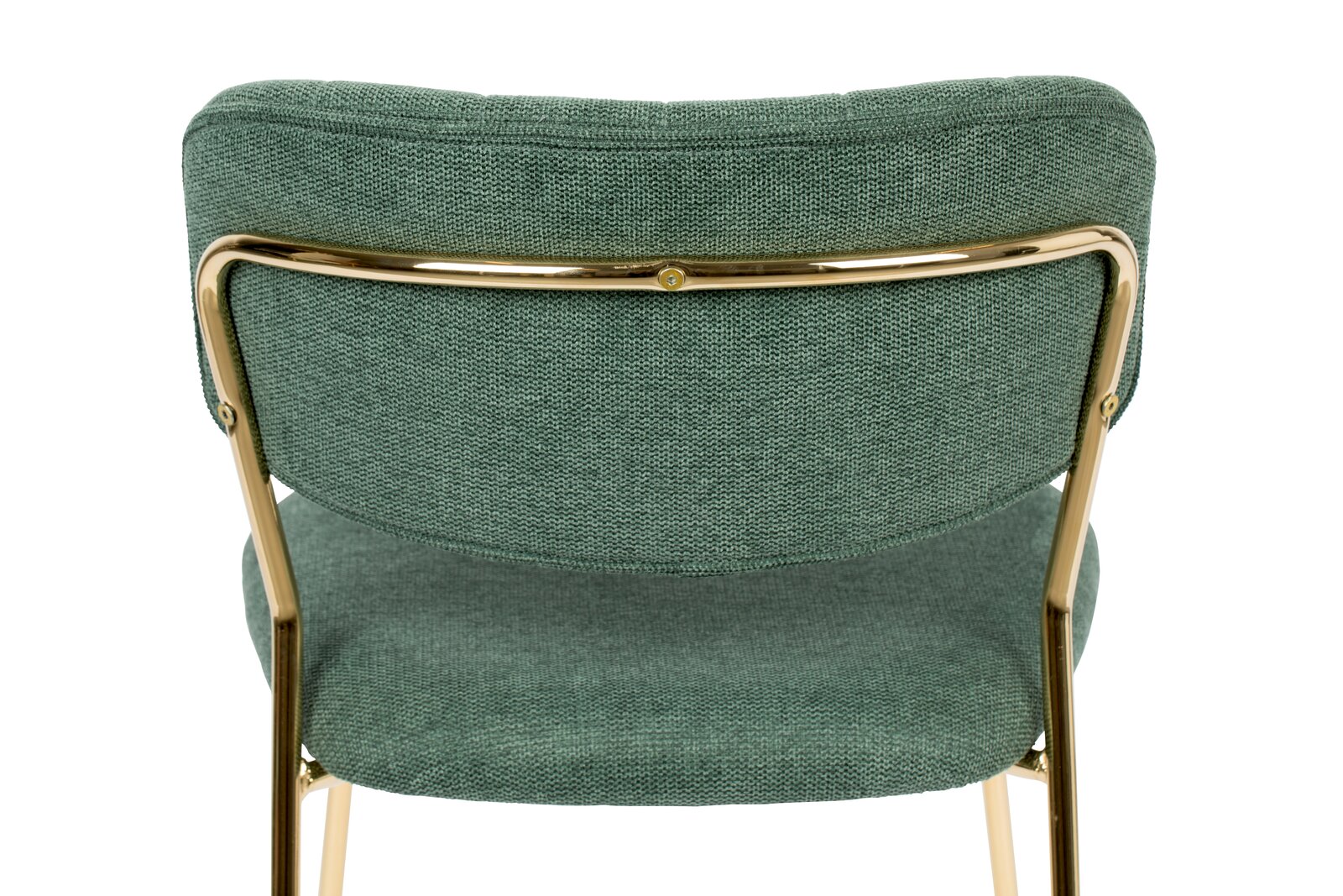 Rückansicht eines grünen Stuhls mit goldfarbenem Metallrahmen.