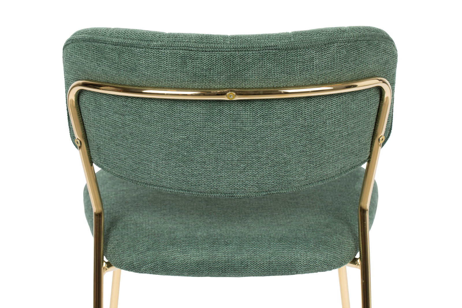 Rückansicht eines grünen Stuhls mit goldfarbenem Metallrahmen.