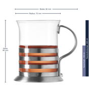 Teeglas mit Metallhalterung, seitliche Ansicht, Höhe 95 mm, Breite 95 mm, Radius 70 mm, Nutzinhalt 150 ml, Randvolumen 220 ml