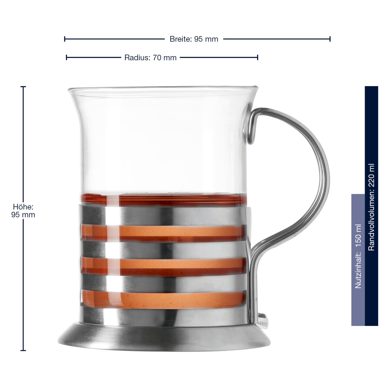 Teeglas mit Metallhalterung, seitliche Ansicht, Höhe 95 mm, Breite 95 mm, Radius 70 mm, Nutzinhalt 150 ml, Randvolumen 220 ml