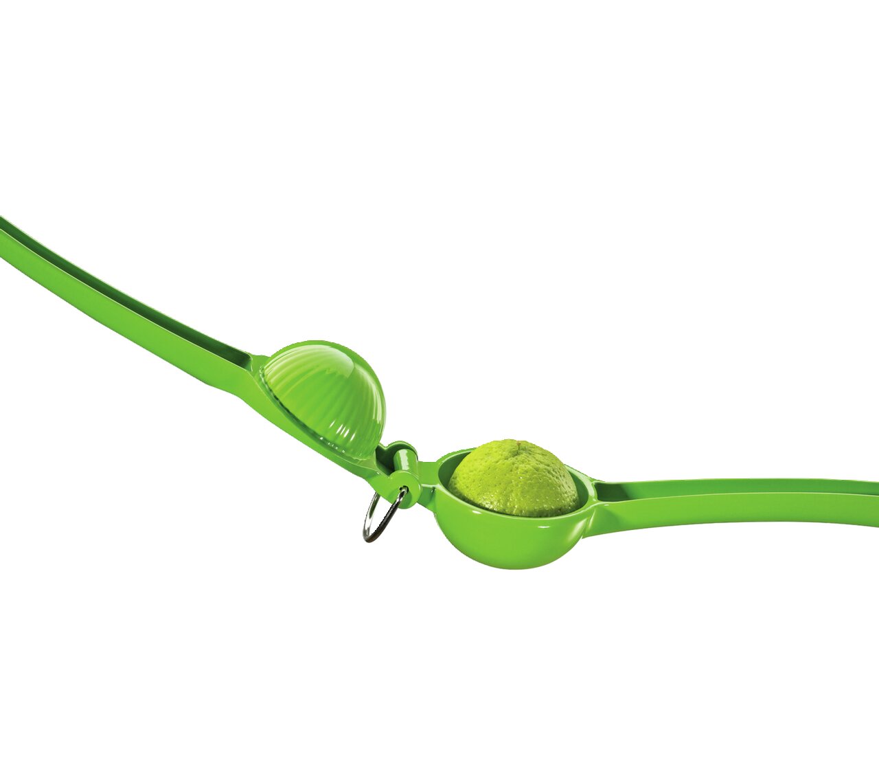 Grüne Limettenpresse LIMETTA mit halber Limette, seitliche Perspektive
