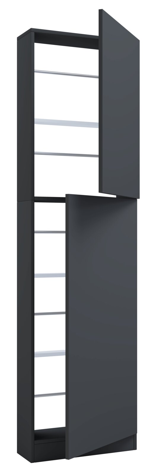 VCM Schuhschrank FULISA XL Schmaler, hoher Badezimmerschrank in Anthrazit mit zwei geöffneten Türen und sichtbaren Einlegeböden, dargestellt in schräger Vorderansicht