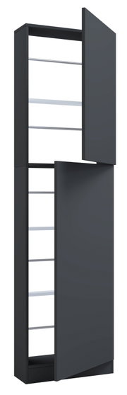 Schmaler, hoher Badezimmerschrank in Anthrazit mit zwei geöffneten Türen und sichtbaren Einlegeböden, dargestellt in schräger Vorderansicht