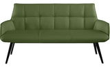 Grüne Bank mit gepolstertem Sitz und Rückenlehne, schwarze Beine, Frontalansicht