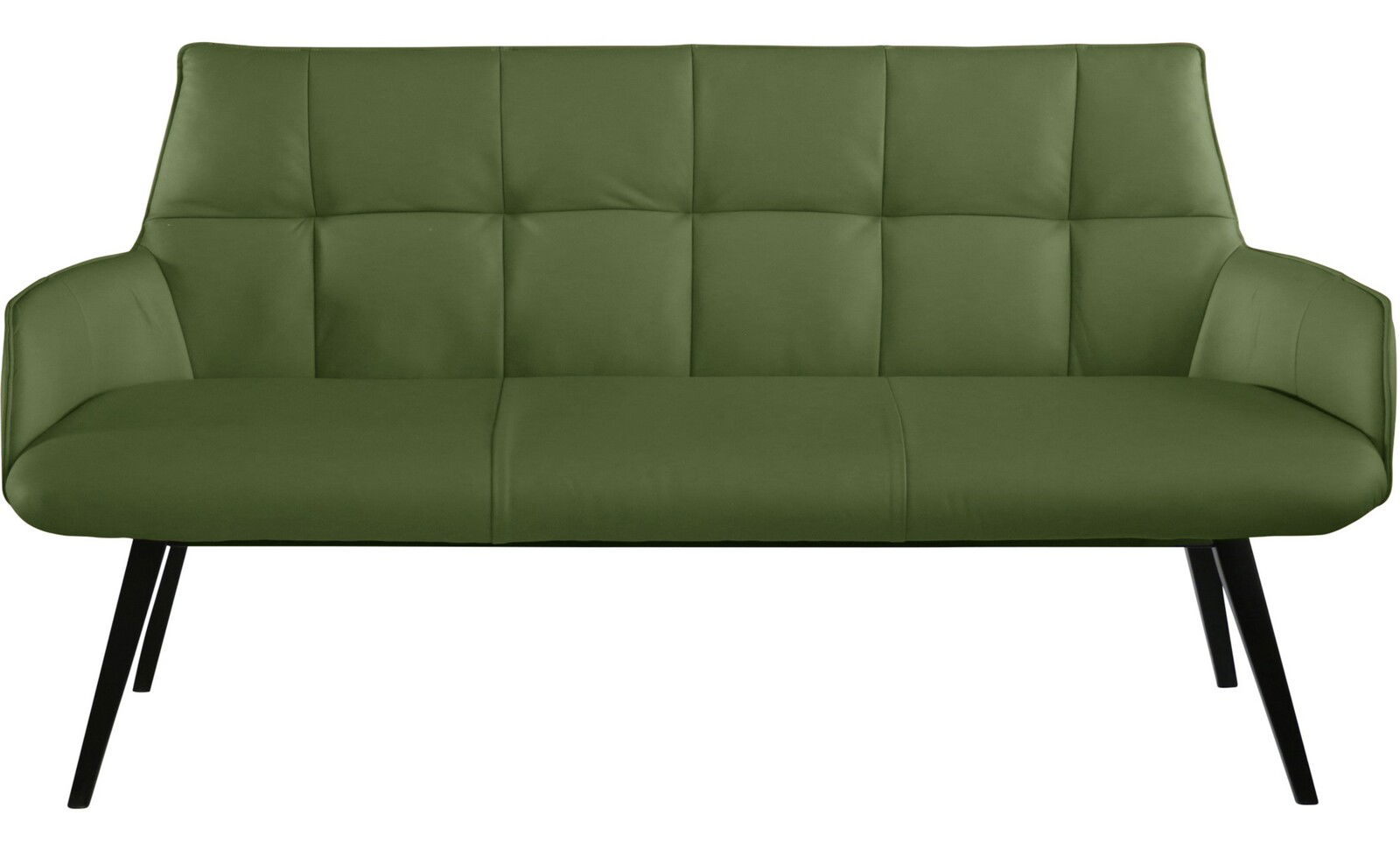 Grüne Bank mit gepolstertem Sitz und Rückenlehne, schwarze Beine, Frontalansicht