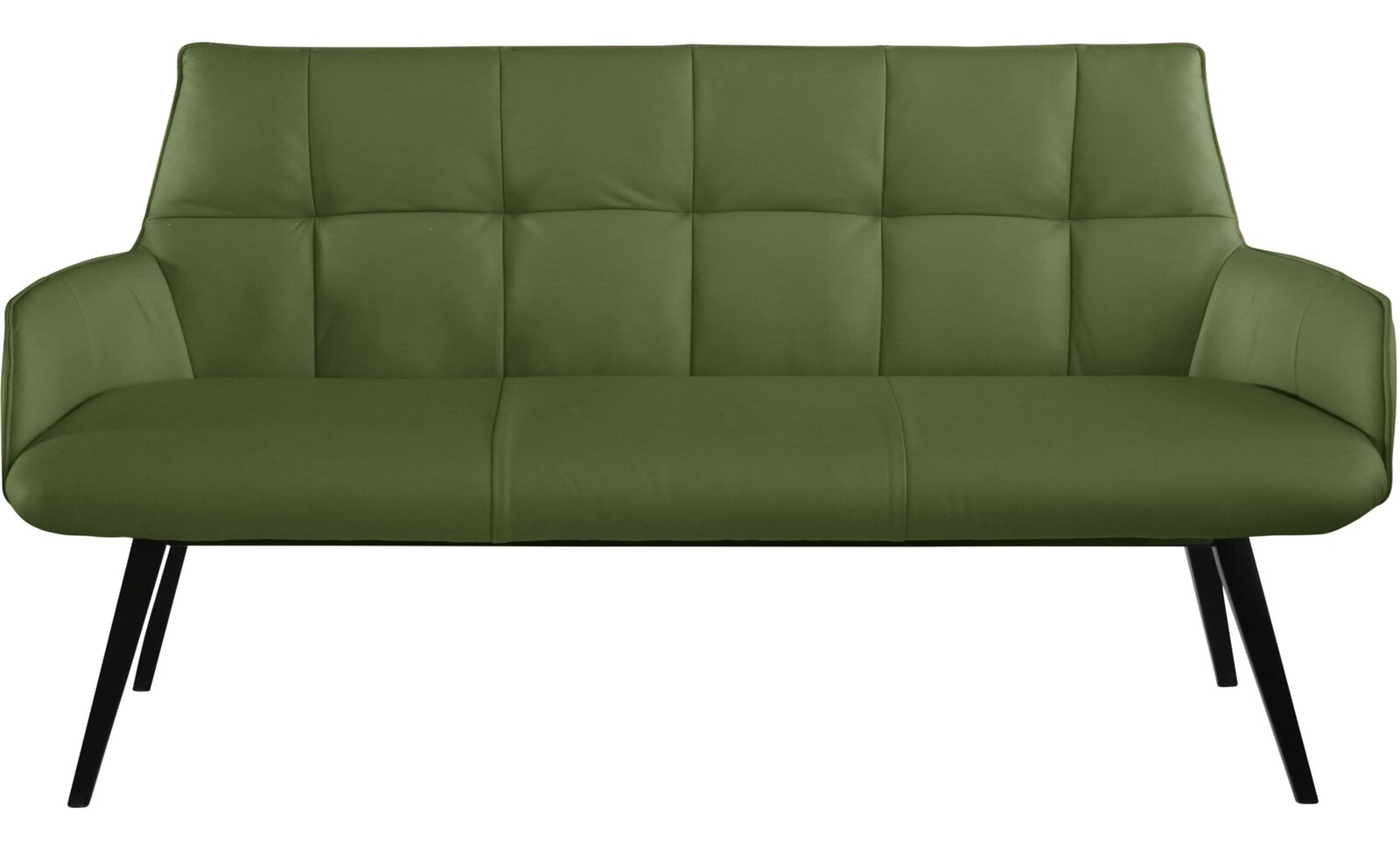 Grüne Bank mit gepolstertem Sitz und Rückenlehne, schwarze Beine, Frontalansicht