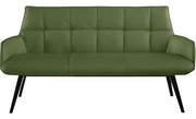 Grüne Bank mit gepolstertem Sitz und Rückenlehne, schwarze Beine, Frontalansicht