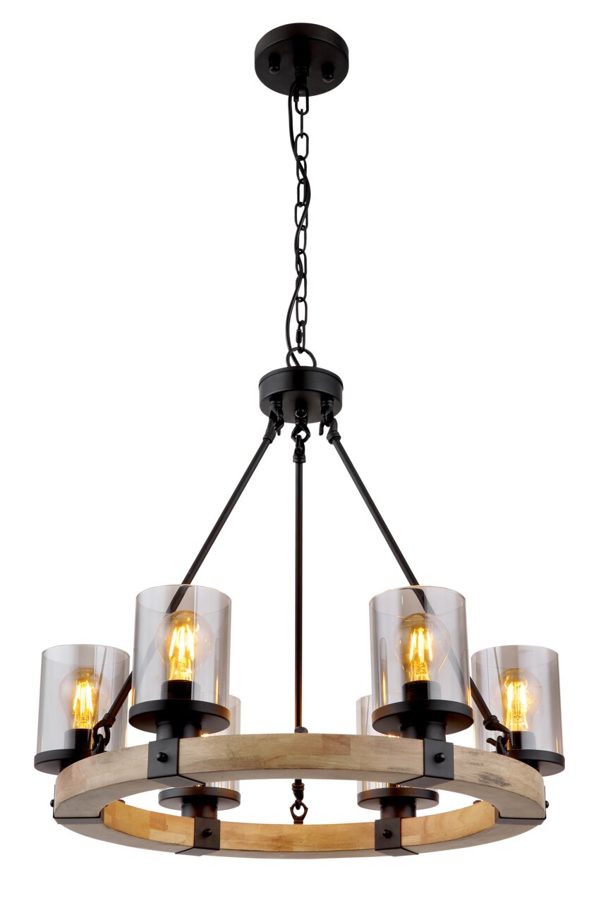 Hängeleuchte mit rundem Holzrahmen und fünf Glühbirnen, seitliche Perspektive