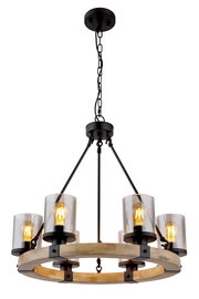 Hängeleuchte mit rundem Holzrahmen und fünf Glühbirnen, seitliche Perspektive