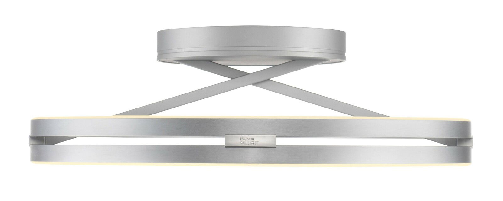 Moderne Deckenleuchte PURE Loop in Silber mit kreuzförmigem Design, seitliche Perspektive