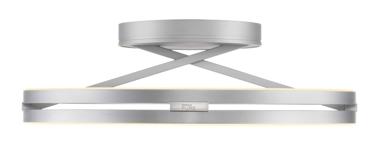 Moderne Deckenleuchte PURE Loop in Silber mit kreuzförmigem Design, seitliche Perspektive