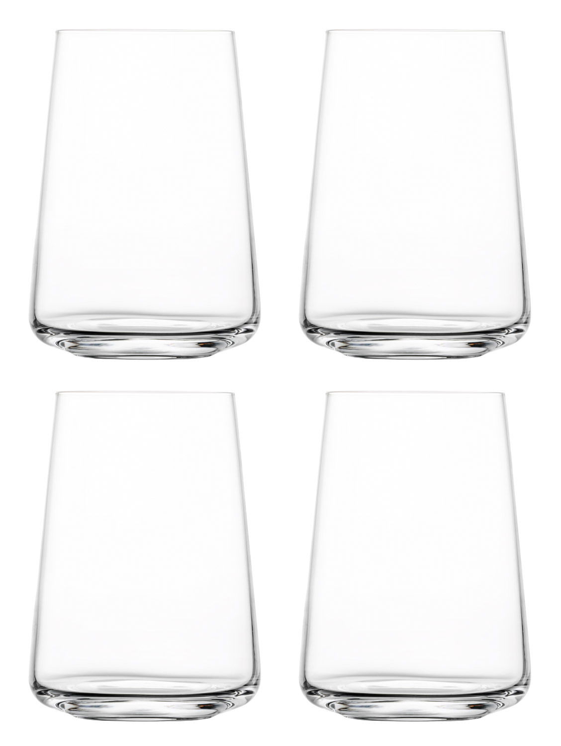 Vier transparenten Becher in einem Set, frontal abgebildet.