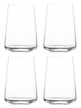 Vier transparenten Becher in einem Set, frontal abgebildet.