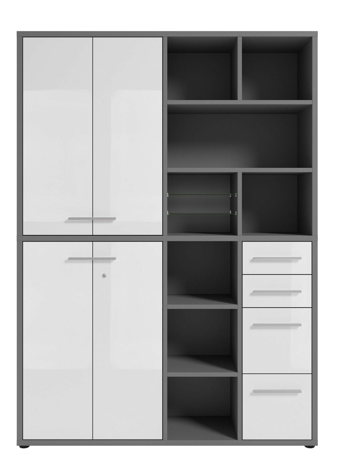 Aktenschrank hoch mit weißen Türen und Schubladen, grauer Rahmen, Frontansicht