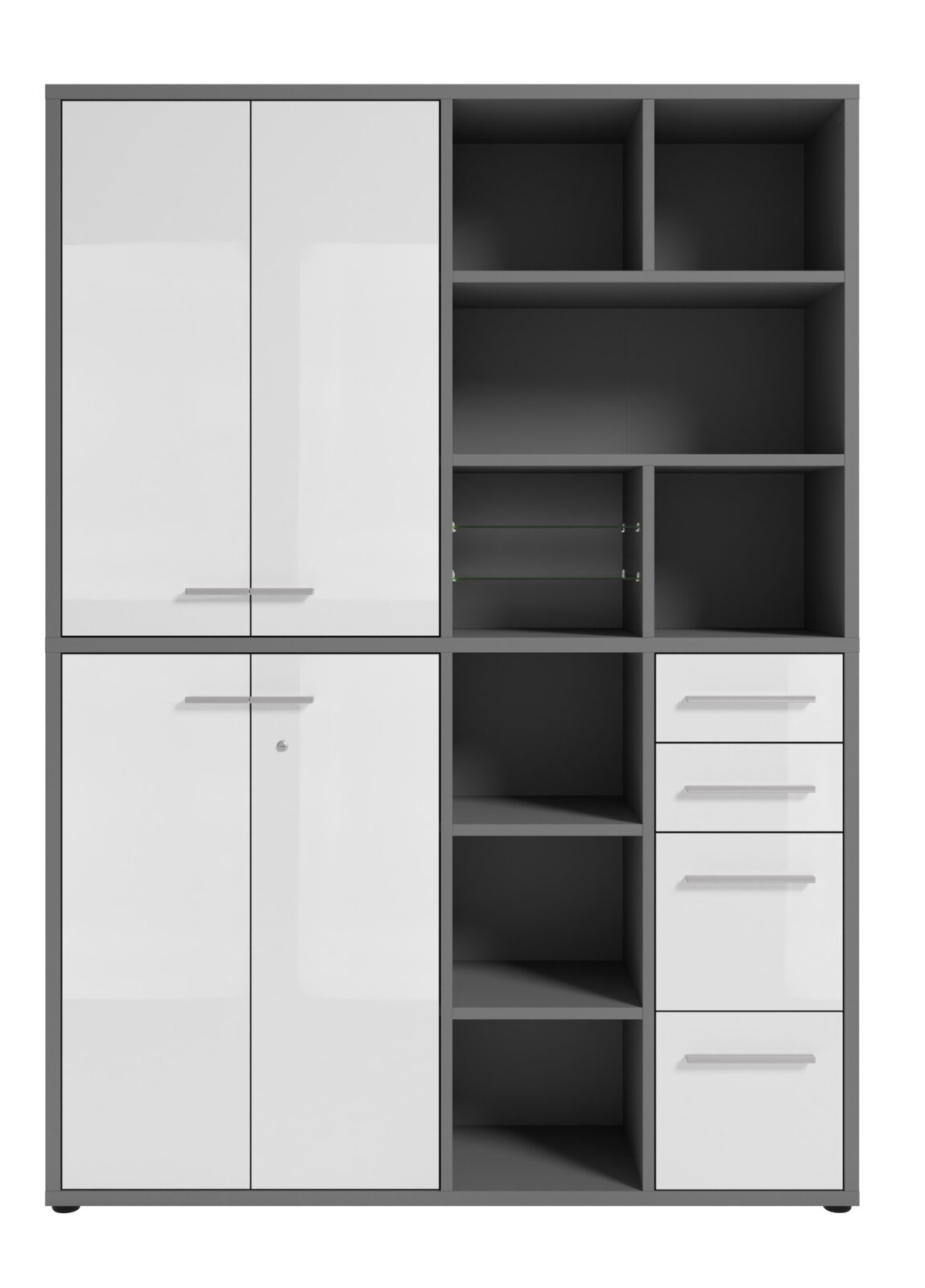 Aktenschrank hoch mit weißen Türen und Schubladen, grauer Rahmen, Frontansicht