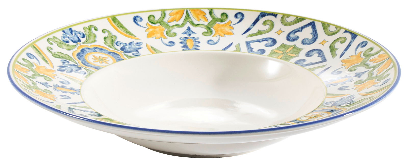 Pastateller mit buntem, floralen Muster, seitliche Perspektive