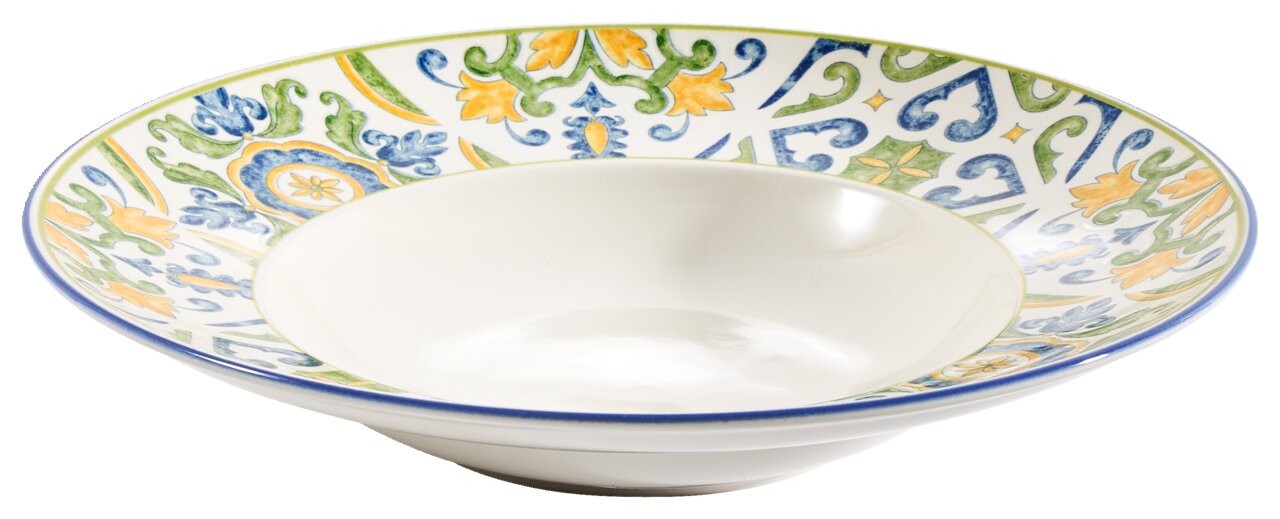 Pastateller mit buntem, floralen Muster, seitliche Perspektive