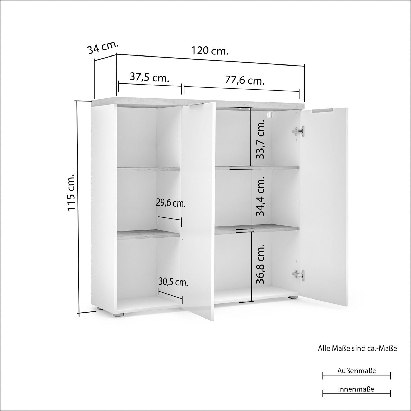 XL-Aktenschrank niedrig, weiße Farbe, mit zwei Türen und mehreren Regalböden, Perspektive von vorne links, Maße: 120 cm Breite, 115 cm Höhe, 34 cm Tiefe.