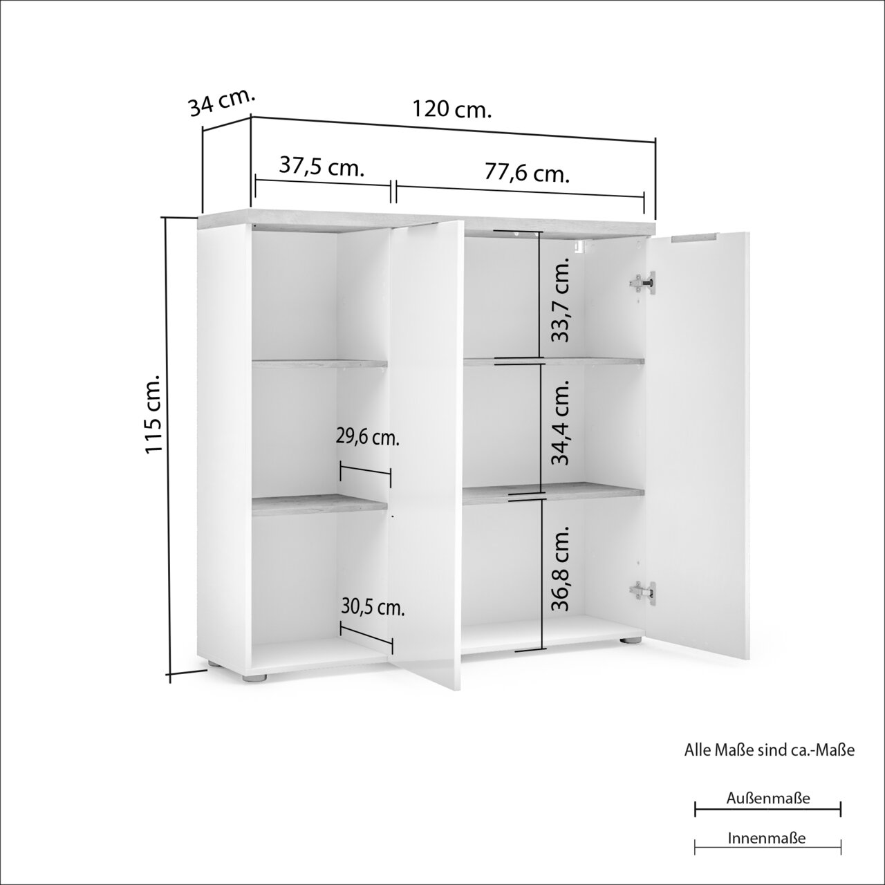 XL-Aktenschrank niedrig, weiße Farbe, mit zwei Türen und mehreren Regalböden, Perspektive von vorne links, Maße: 120 cm Breite, 115 cm Höhe, 34 cm Tiefe.