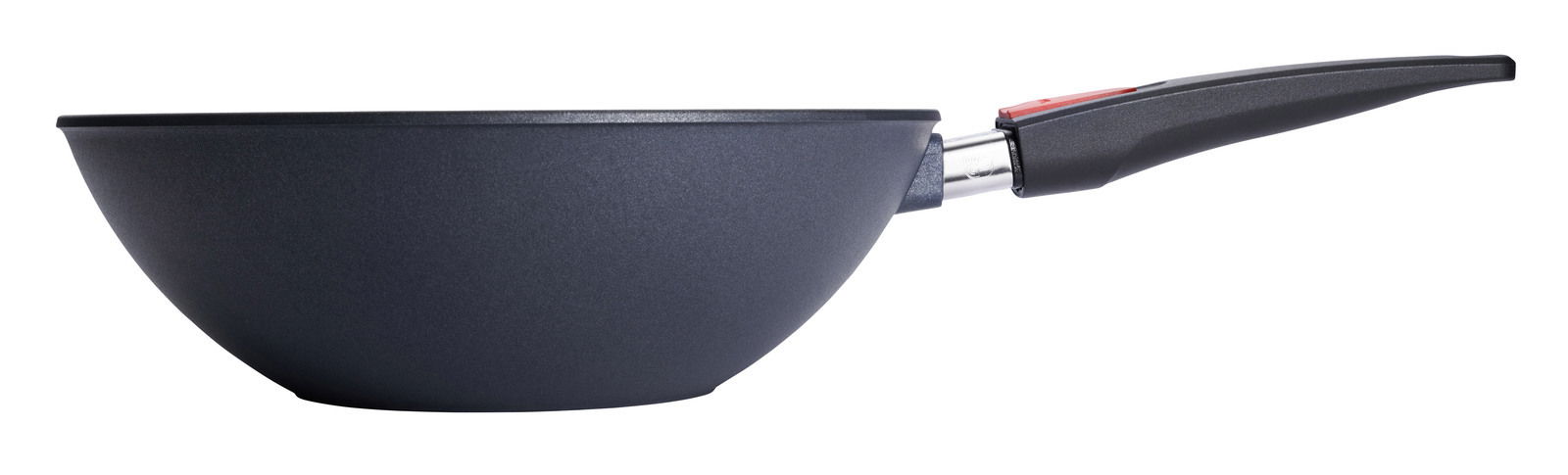 Seitenansicht einer Guss-Schwenkpfanne mit 30 cm Durchmesser und abnehmbarem Griff.