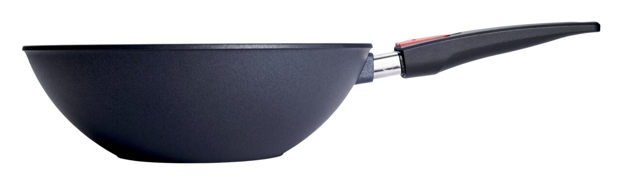 Seitenansicht einer Guss-Schwenkpfanne mit 30 cm Durchmesser und abnehmbarem Griff.
