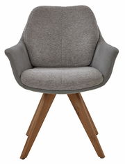 Grauer Armlehnstuhl mit Holzbeinen, Frontalansicht