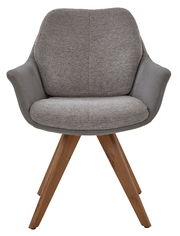 Grauer Armlehnstuhl mit Holzbeinen, Frontalansicht