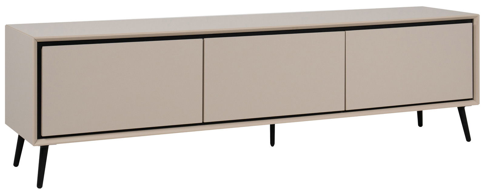 Modernes TV-Lowboard in Beige mit drei Türen und schwarzen Beinen, seitliche Perspektive
