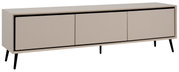 Modernes TV-Lowboard in Beige mit drei Türen und schwarzen Beinen, seitliche Perspektive