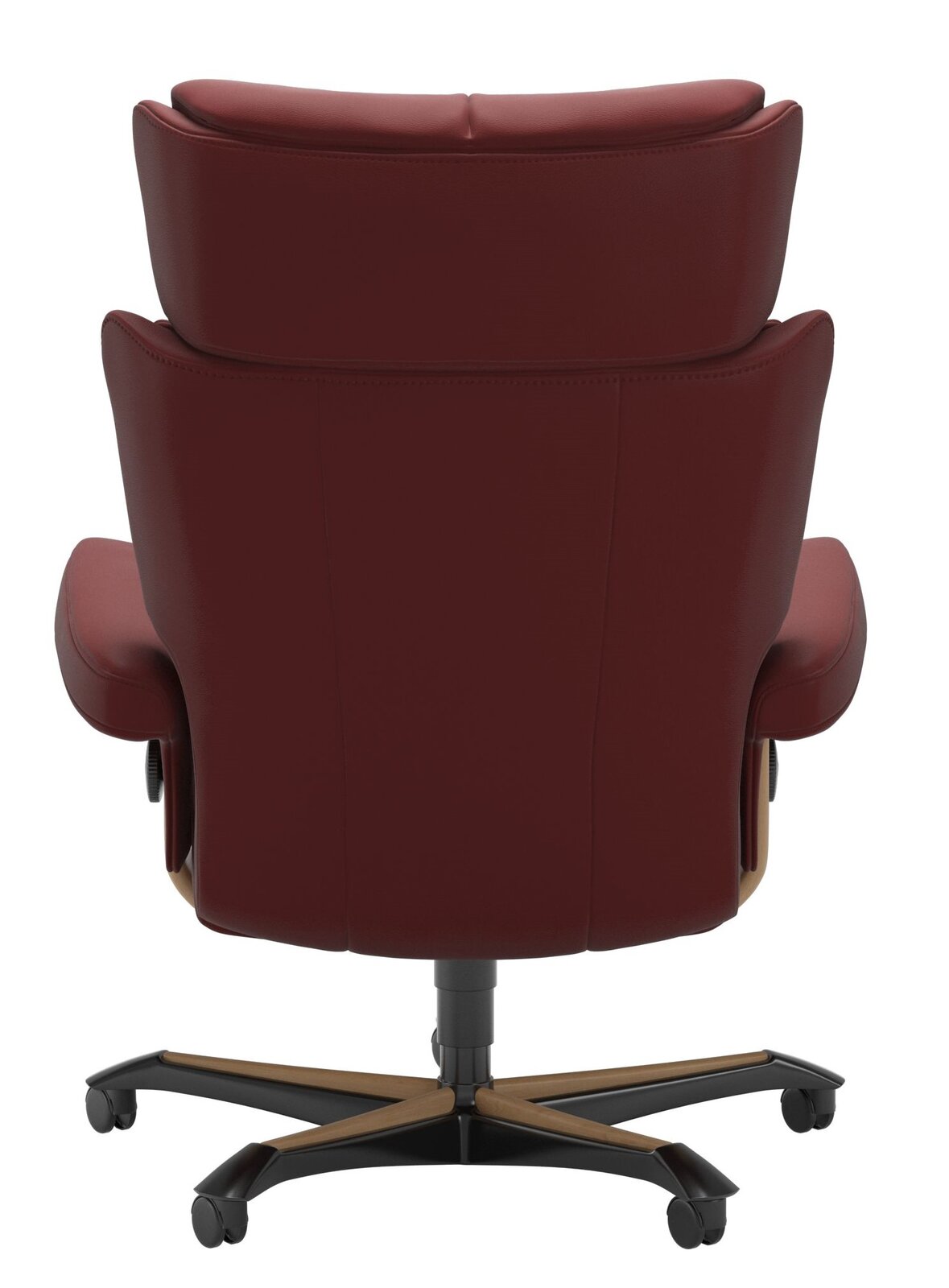 Rückansicht eines burgunderroten Chefsessels mit schwarzem und holzfarbenem Fußkreuz auf Rollen.