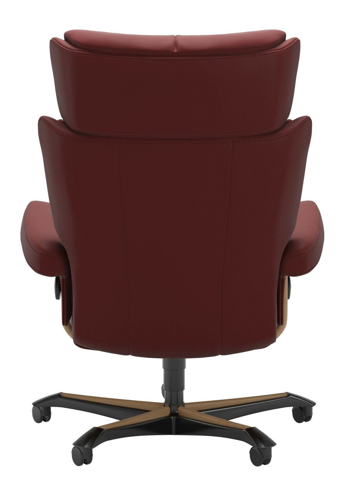 Rückansicht eines burgunderroten Chefsessels mit schwarzem und holzfarbenem Fußkreuz auf Rollen.