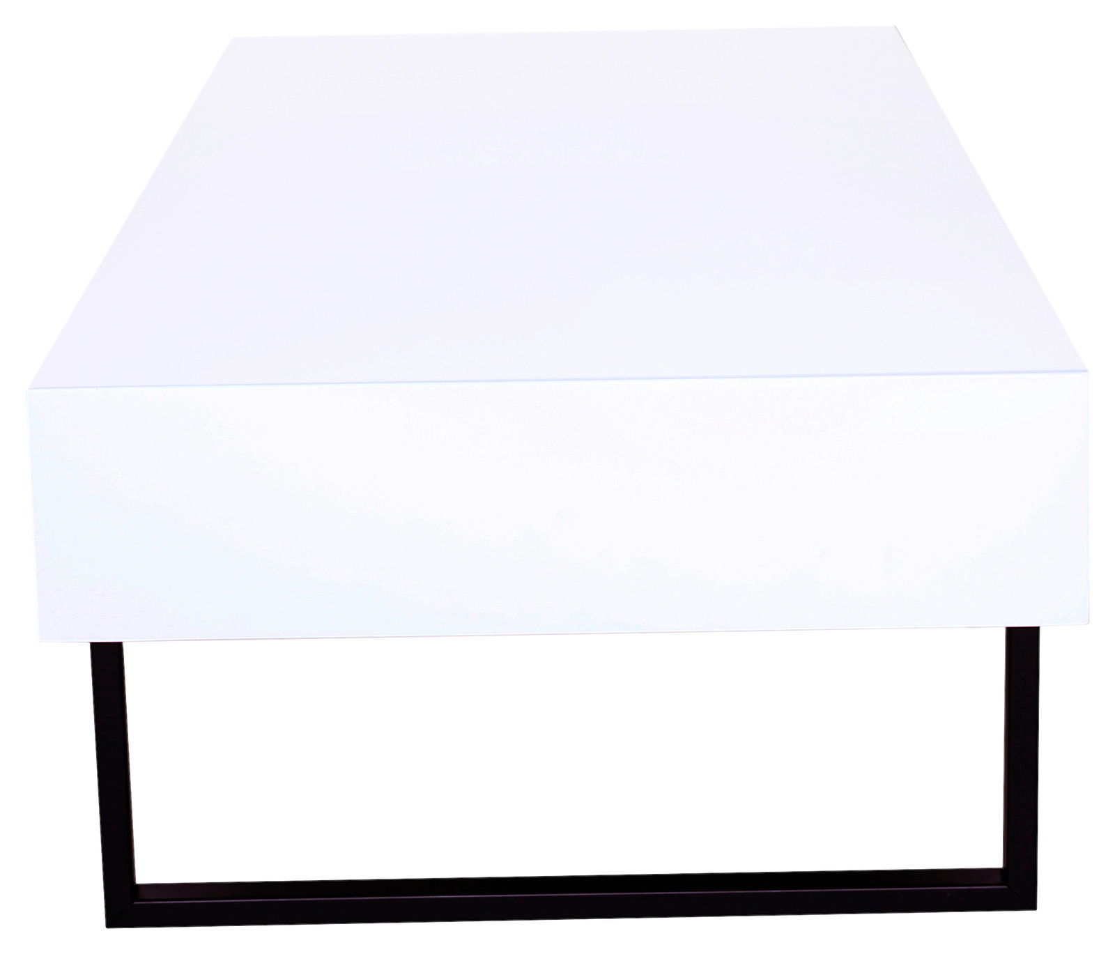 Moderner weißer Couchtisch mit rechteckiger Form und schwarzem Metallgestell, Frontalansicht.