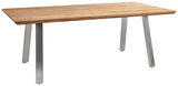 Moderner Gartentisch mit Holzplatte und Metallbeinen, seitliche Perspektive