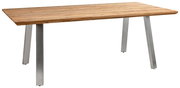 Moderner Gartentisch mit Holzplatte und Metallbeinen, seitliche Perspektive