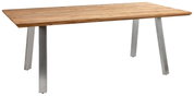 Moderner Gartentisch mit Holzplatte und Metallbeinen, seitliche Perspektive