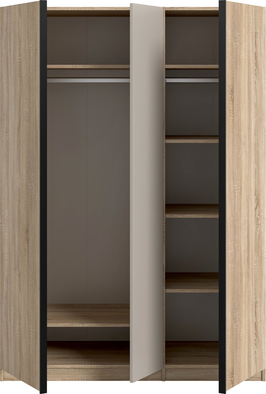 Offener Kleiderschrank in Holzoptik mit mittlerer grauer Tür, links Kleiderstange und Ablage, rechts mehrere Regalböden, Frontansicht