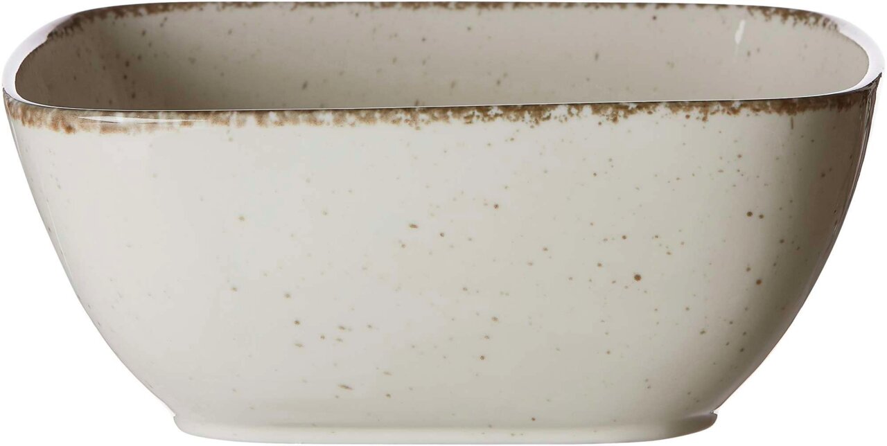 Rechteckige beige Servierschale mit gesprenkeltem Muster, seitliche Perspektive