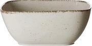 Rechteckige beige Servierschale mit gesprenkeltem Muster, seitliche Perspektive