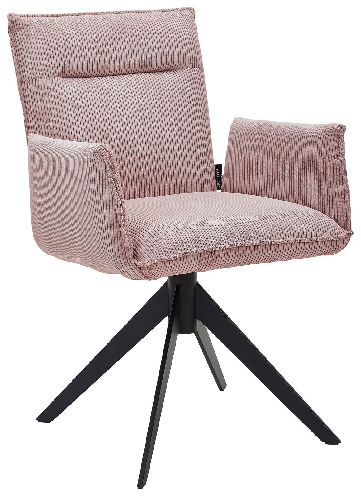 Johann Jakob Armlehnstuhl CALAS Rosa Armlehnstuhl mit geripptem Stoffbezug und schwarzem Metallgestell, seitliche Perspektive