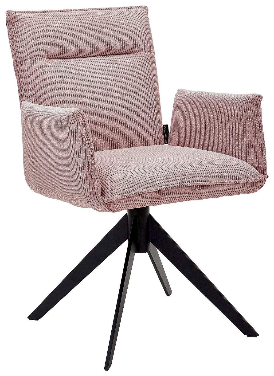 Johann Jakob Armlehnstuhl CALAS Rosa Armlehnstuhl mit geripptem Stoffbezug und schwarzem Metallgestell, seitliche Perspektive