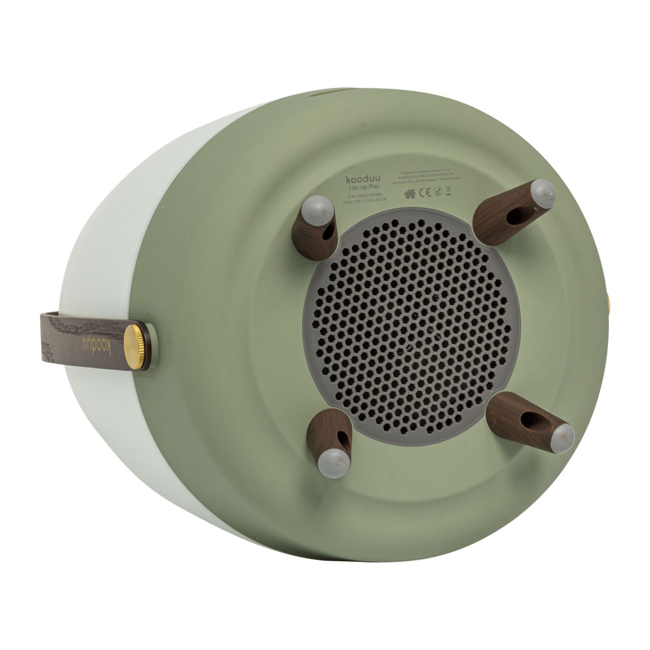 Unteransicht eines grünen Lite-up Play JBL Petroleum Lautsprechers mit Holzfüßen und Tragegriff.