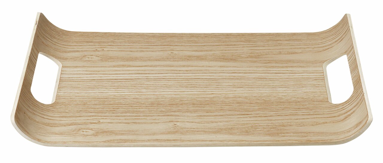 Holztablett mit seitlichen Griffen, aus der Vogelperspektive fotografiert